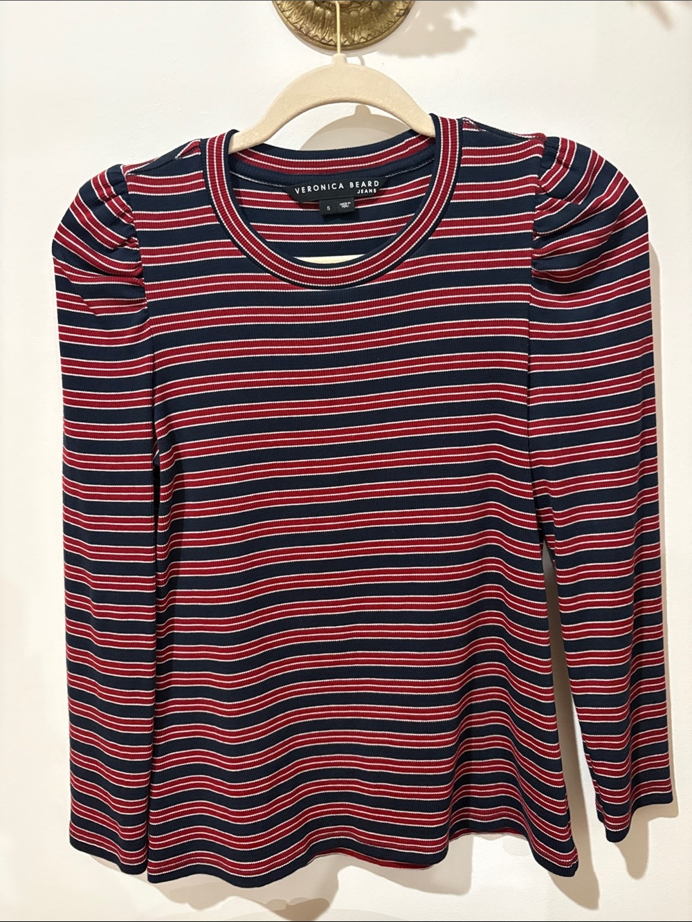 Veronica Beard Navy and Red Striped Puff-Sleeve Long Sleeve Tee